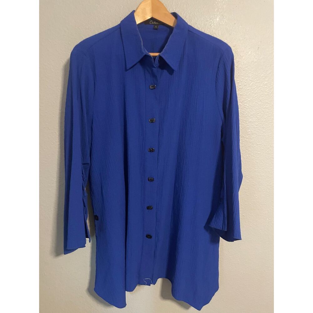 Calessa Tunic Womens Large Blue Crinkle Button Front Asymmetric Hem Lagenlook
